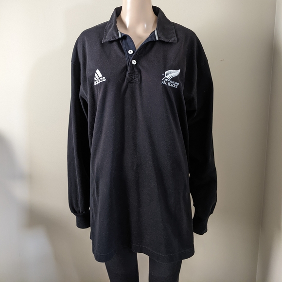 Vintage Adidas Official New Zealand All Blacks Black Rugby Polo Shirt, Men's XL - Picture 2 of 3